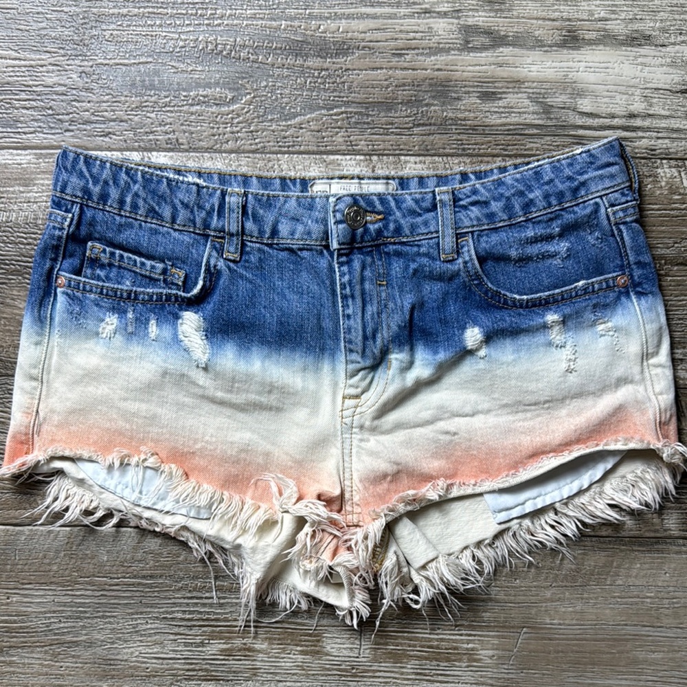 Free People Blue and Cream Jean Shorts with Distressed Hem